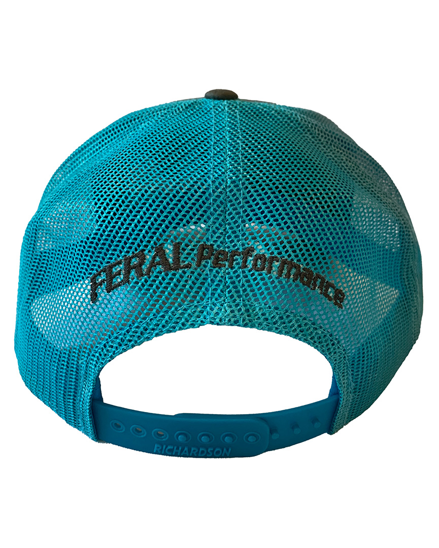 FERAL Performance Mesh Trucker Hat - charcoal/neon blue